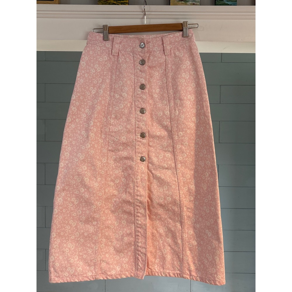 Ganni Cherry Blossom Floral Denim Midi Skirt Pink White Button Front Size 36